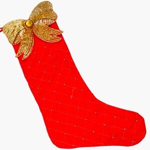 KIM SEYBERT Designer Red Quilted Christmas Stocking w Gold Sequin Puffed Bow